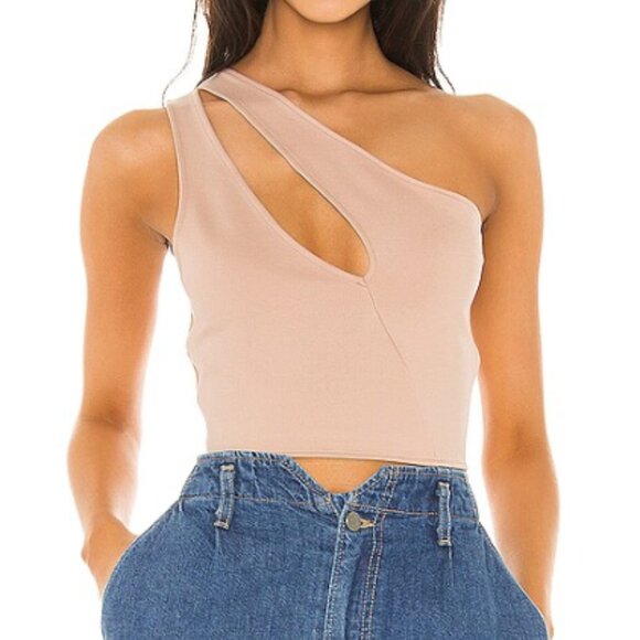 Asymmetrical Beige One Shoulder Crop Top, Nava, Revolve, Superdown, size large - Picture 2 of 7